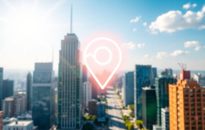 Google Business Profile map pin over cityscape