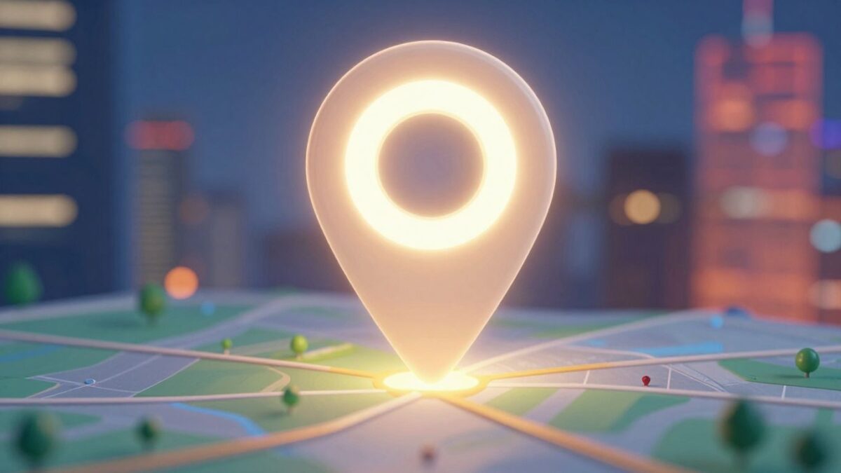 Glowing map pin over cityscape for local SEO.