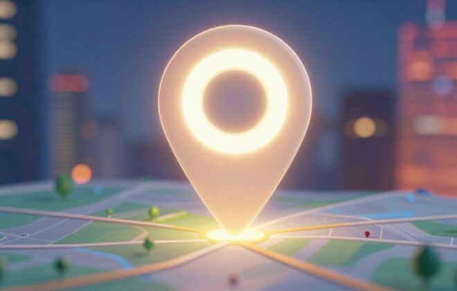 Glowing map pin over cityscape for local SEO.