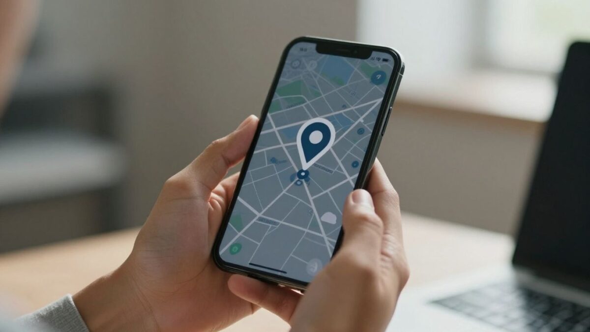Hands holding phone with Google listing map pin.