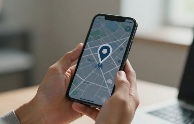 Hands holding phone with Google listing map pin.