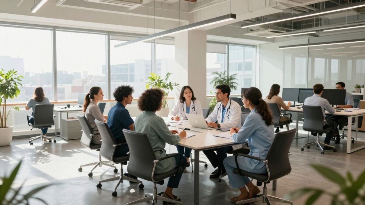Healthcare professionals strategizing for practice growth in a modern office.