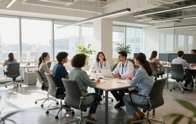 Healthcare professionals strategizing for practice growth in a modern office.