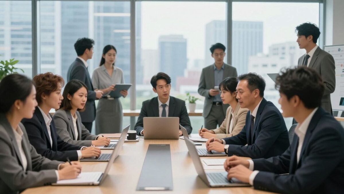 Business professionals collaborating in a modern office setting.