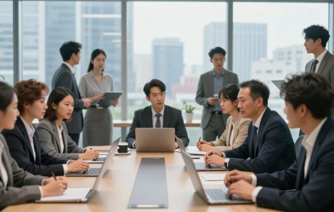 Business professionals collaborating in a modern office setting.