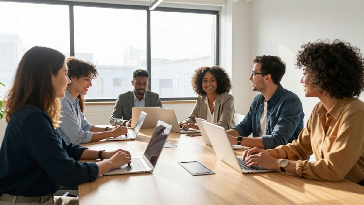 Business professionals collaborating in a modern office.