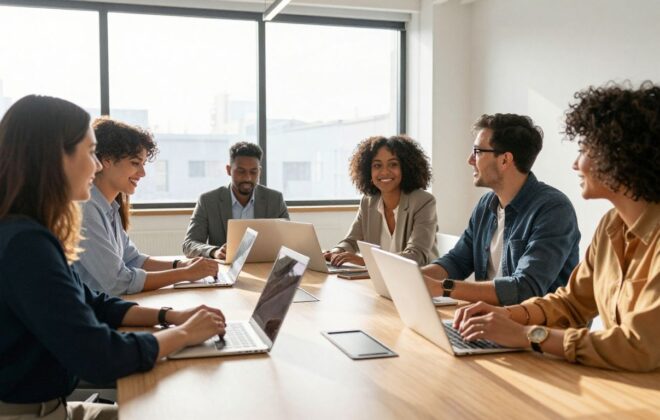 Business professionals collaborating in a modern office.