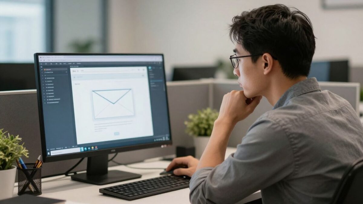 Professional crafting a cold email on a laptop.