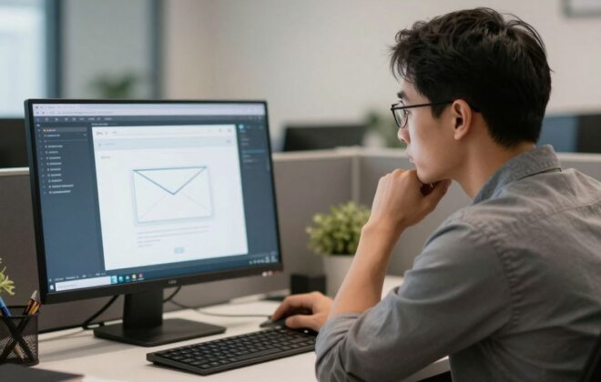 Professional crafting a cold email on a laptop.