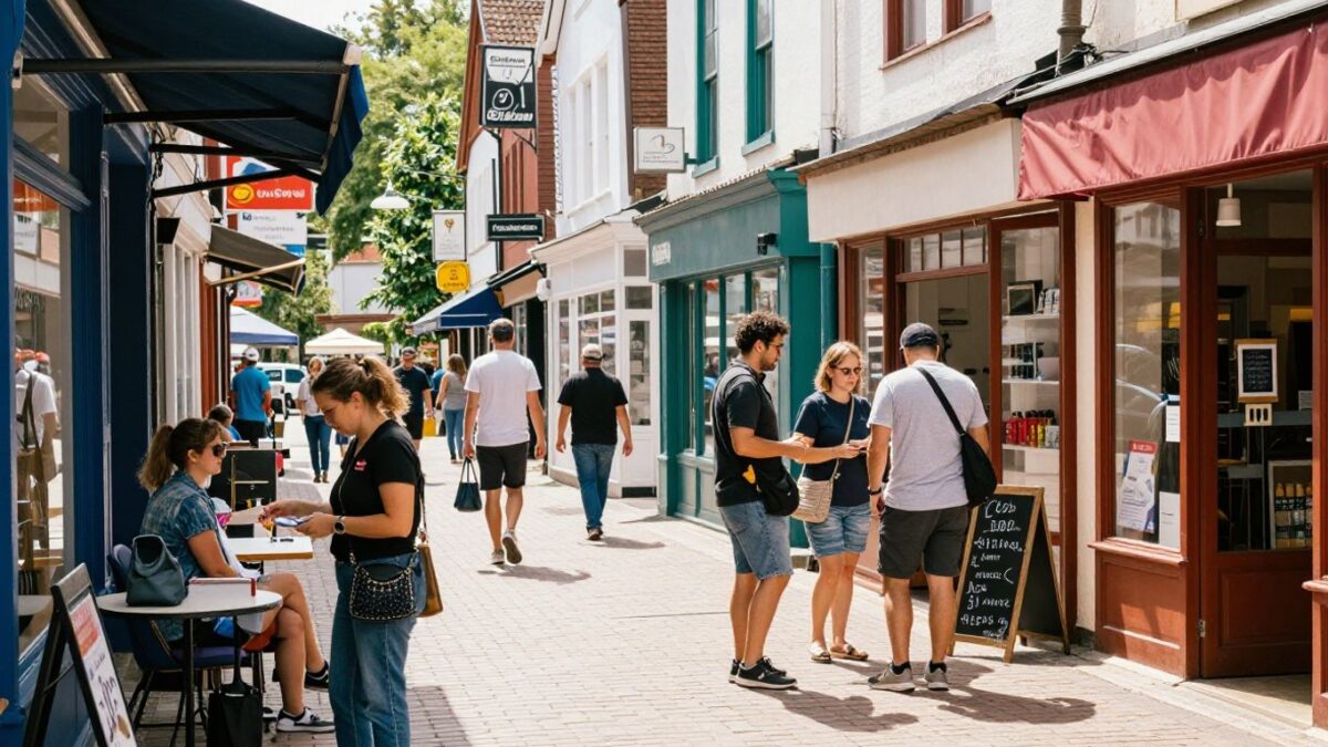 Local businesses with customers interacting outside.