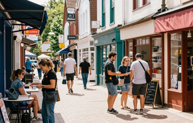 Local businesses with customers interacting outside.