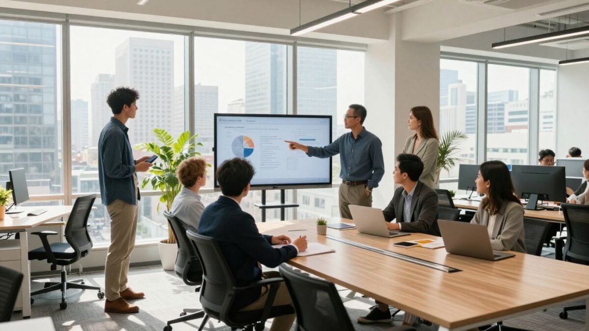 Business professionals collaborating in a modern office.