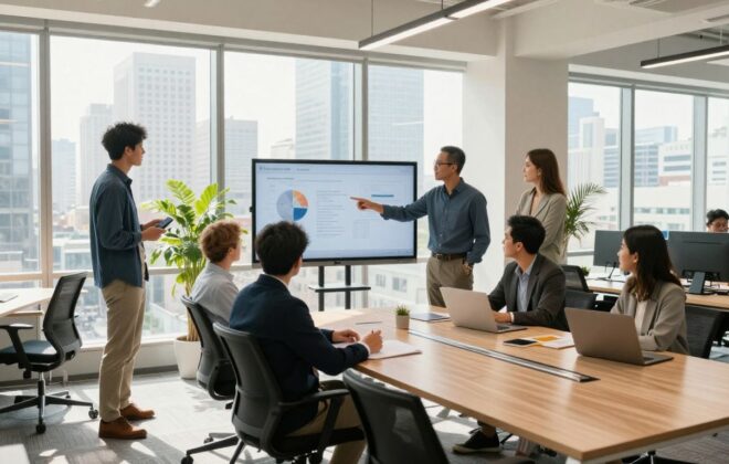 Business professionals collaborating in a modern office.