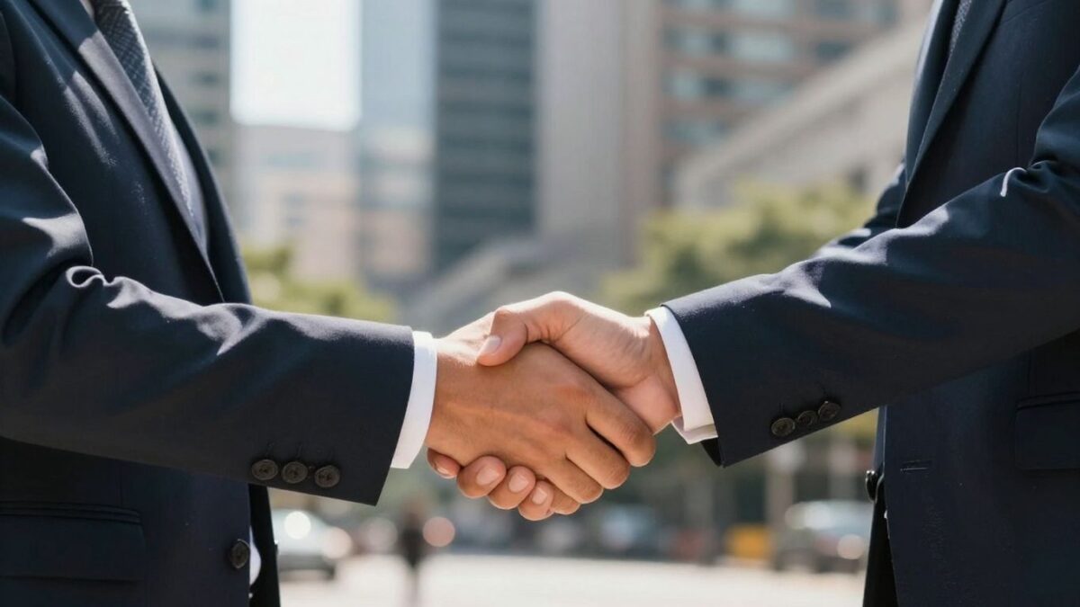 Business handshake symbolizing partnership and success.
