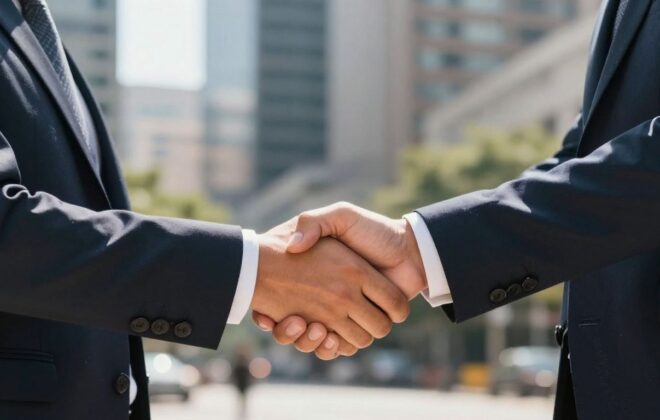 Business handshake symbolizing partnership and success.