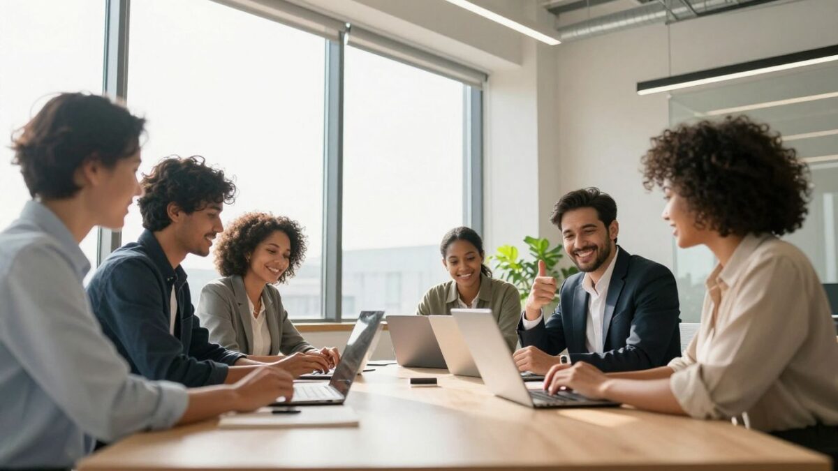 Business professionals collaborating in a bright, modern office.