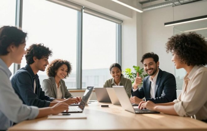 Business professionals collaborating in a bright, modern office.