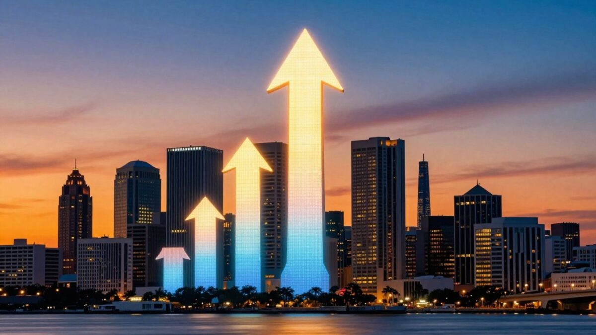 Orlando cityscape with upward growth arrow.