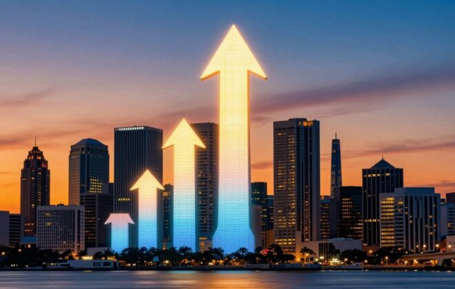 Orlando cityscape with upward growth arrow.