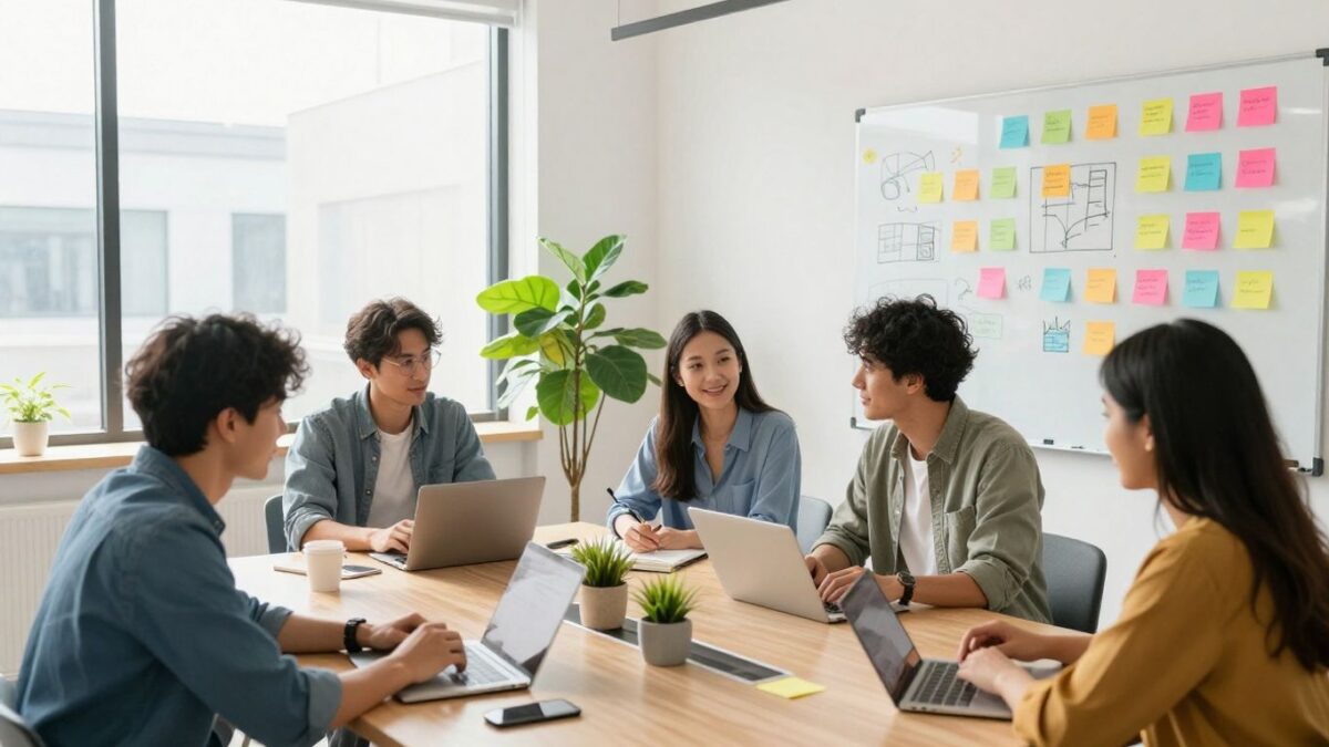 Marketing professionals collaborating in a bright, modern office.