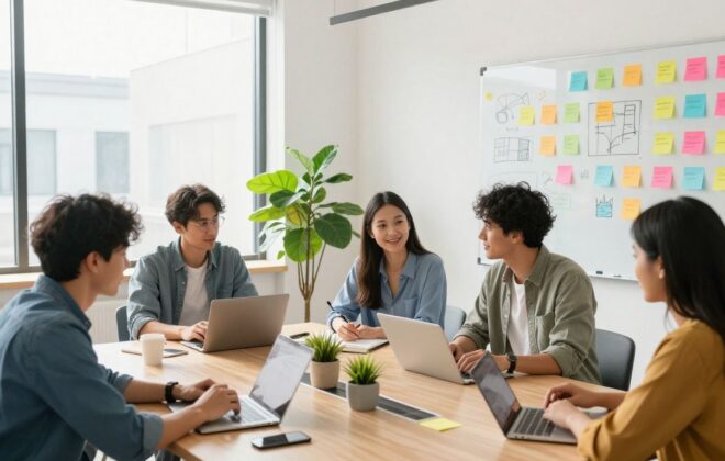 Marketing professionals collaborating in a bright, modern office.