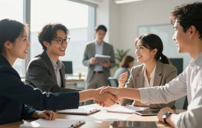 Business professionals networking and discussing growth strategies.