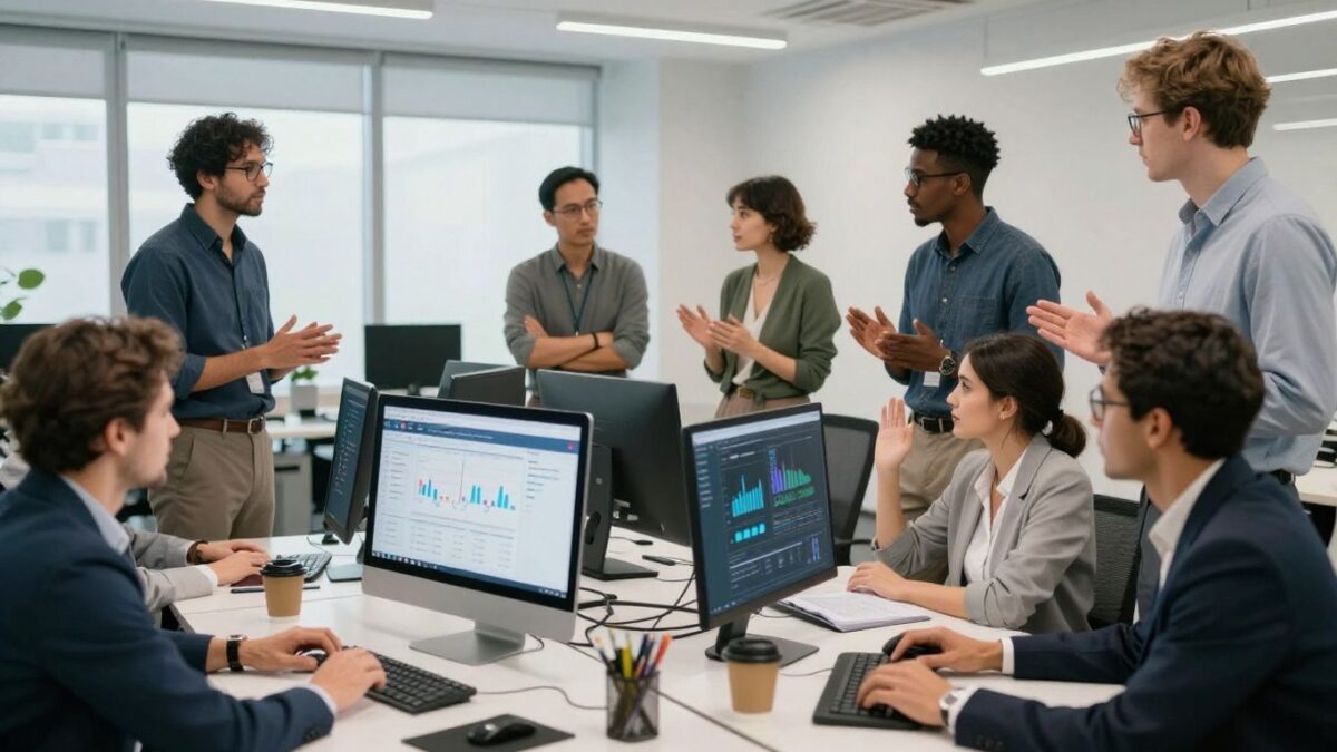 Marketing professionals collaborating in a modern office.