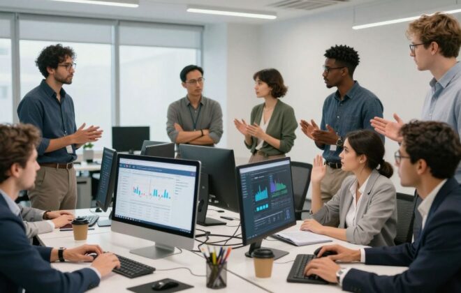 Marketing professionals collaborating in a modern office.