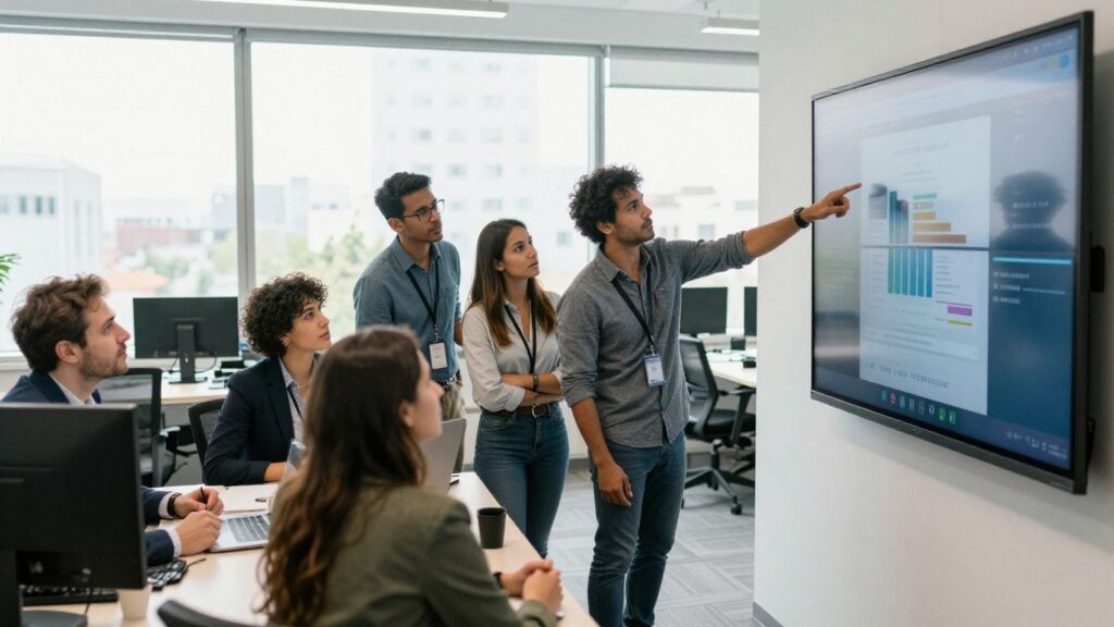 Business professionals collaborating in a bright, modern office.
