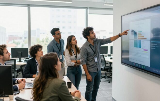 Business professionals collaborating in a bright, modern office.