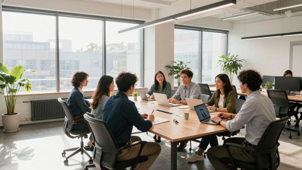 Team collaborating in a modern web design office.