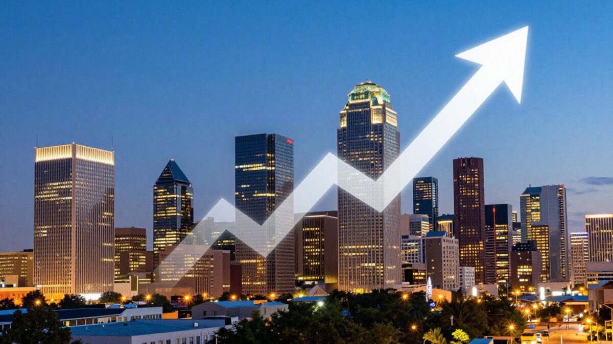 Dallas skyline with upward arrow indicating business growth.