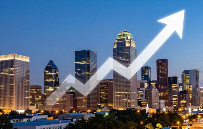 Dallas skyline with upward arrow indicating business growth.