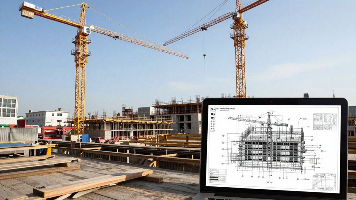 Construction site with digital interface and blueprint overlay.