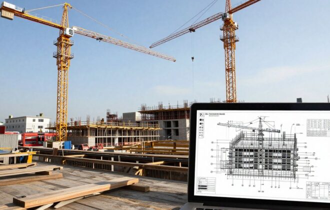 Construction site with digital interface and blueprint overlay.