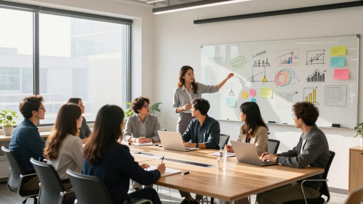 Business professionals collaborating in a bright, modern office.