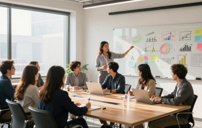 Business professionals collaborating in a bright, modern office.