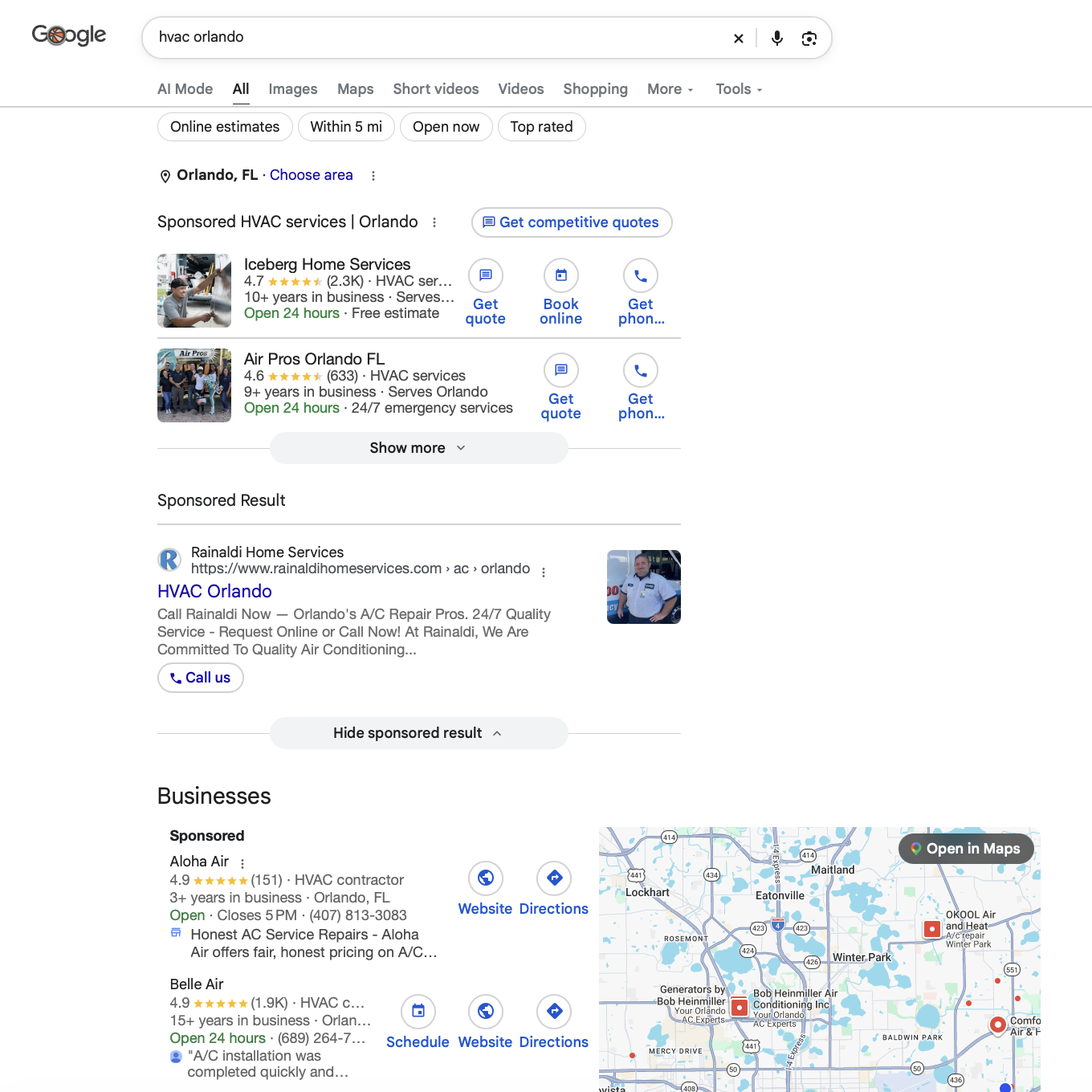 hvac orlando google search result