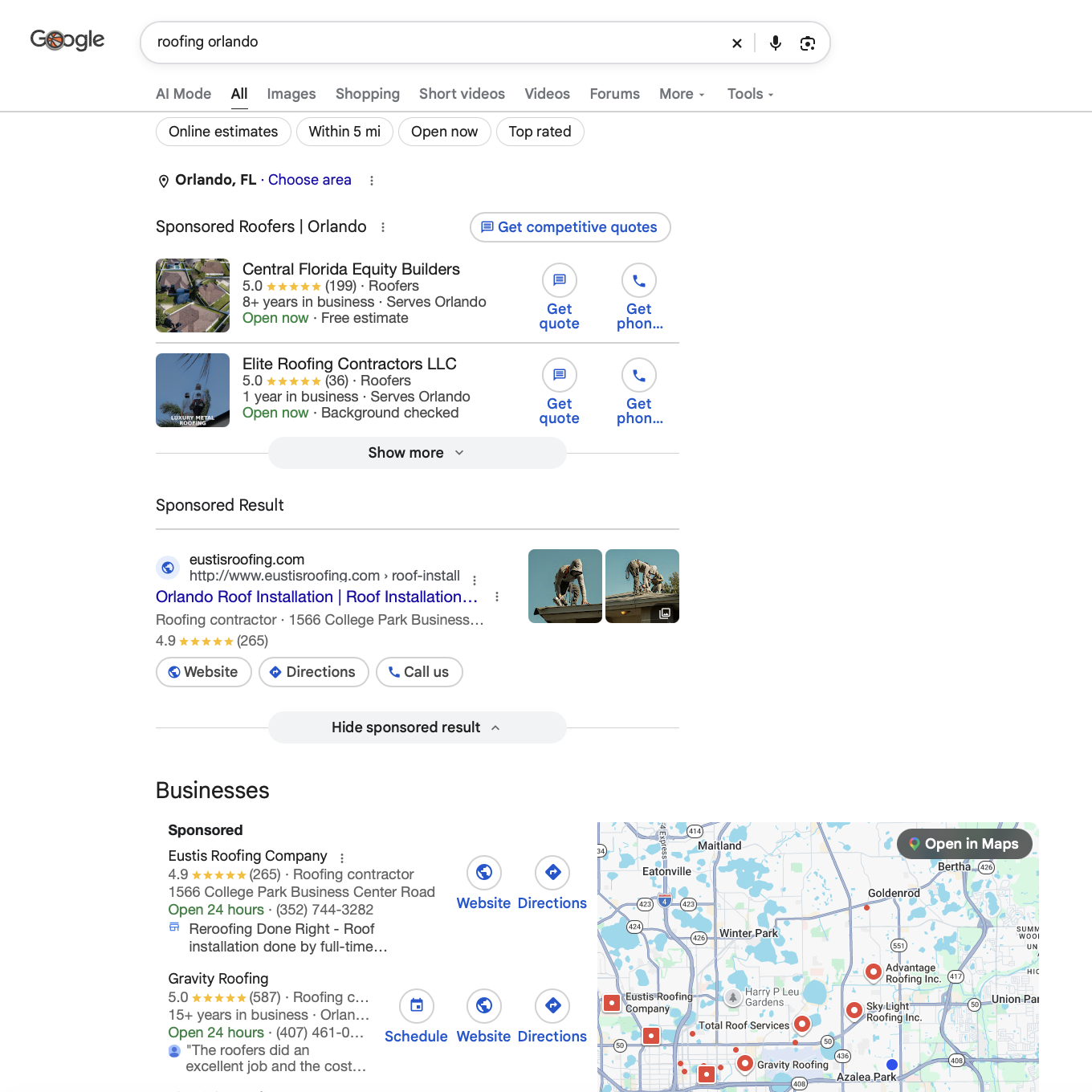 roofing Orlando google search result